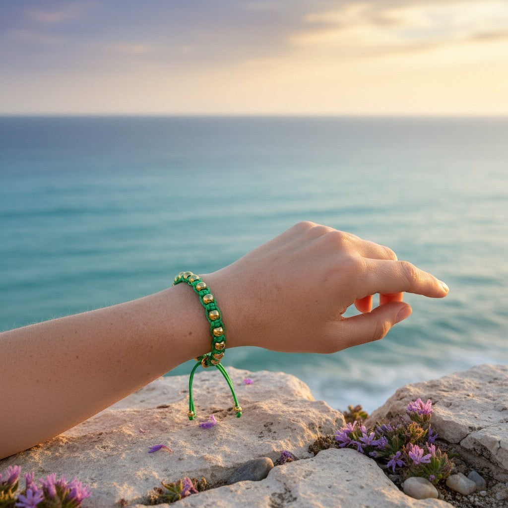 Made by Mothers green satin cord bracelet with gold stainless steel beads, adjustable.