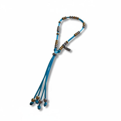 Made by Mothers Luna anklet featuring blue satin cord and hypoallergenic stainless steel beads, waterproof design.