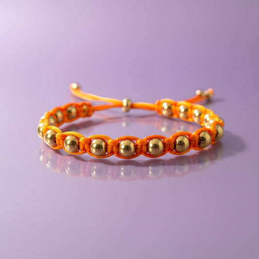 Made by Mothers orange satin cord bracelet with gold stainless steel beads, adjustable size, waterproof.