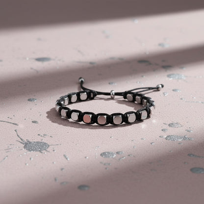 Made by Mothers Stella Aura adjustable bracelet with silver stainless steel beads on a black silky satin cord