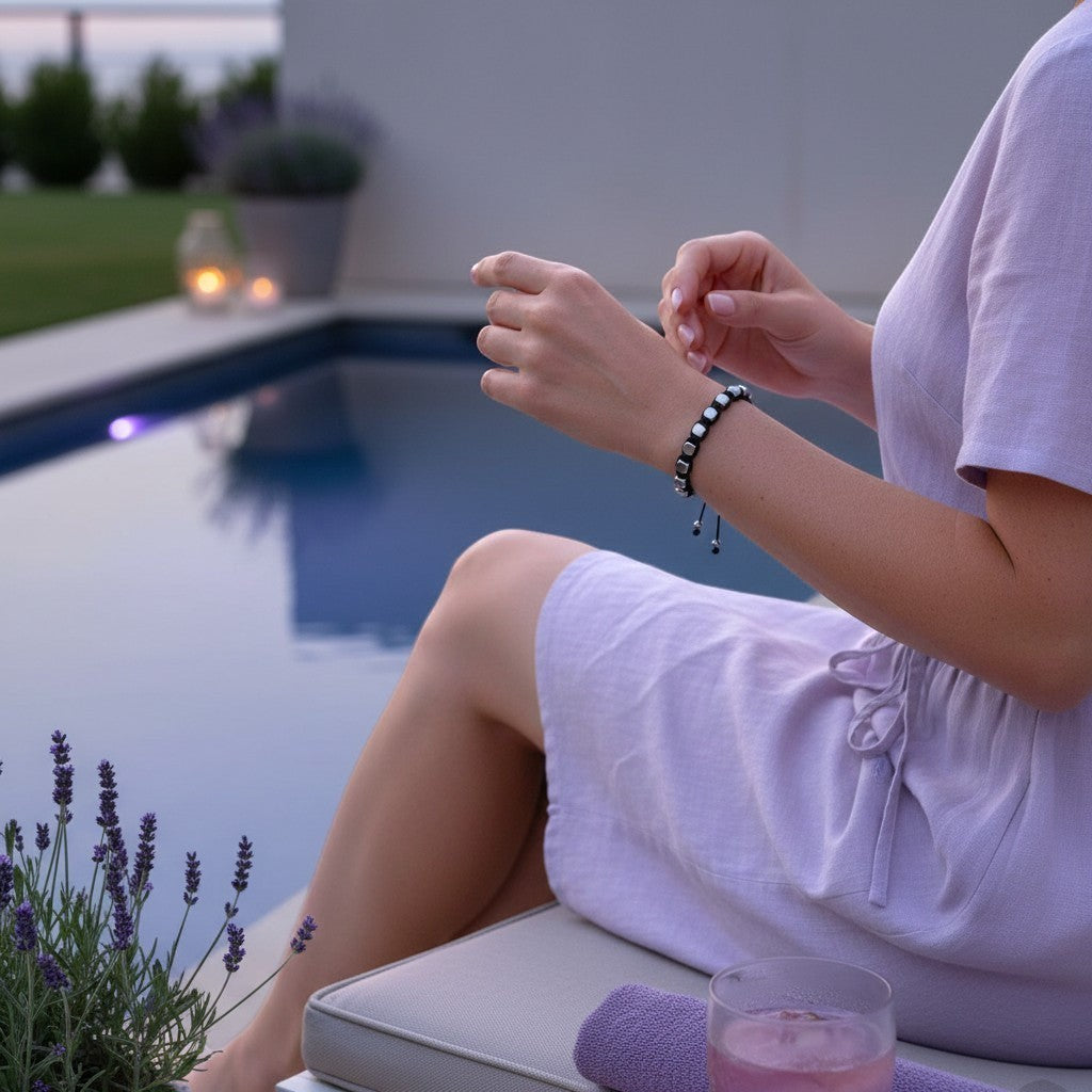 Made by Mothers Stella Aura bracelet with stainless steel beads and black satin cord worn by a woman by a pool.